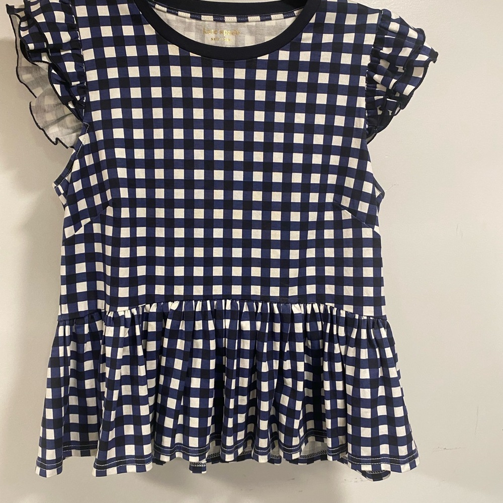 Kate Spade Blue Gingham Ruffle Sleeve Peplum Top Size M - Picture 2 of 7